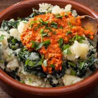 Kale and Potato Mash with Romesco Sauce